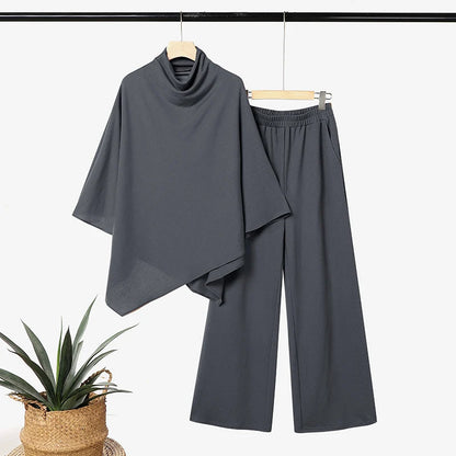 ZANZEA Women Minimalist Pant Sets Autumn Turtleneck 3/4 Sleeve Asymmetrical Hem Blouse & Pant 2pcs Sets Brushed Knit Co-ords