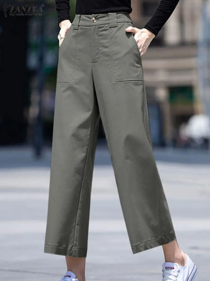 ZANZEA Holiday Solid Pockets Pants Women Straight Long Pants Casual Loose Wide Leg Trousers 2024 Summer High Waist Pantalons
