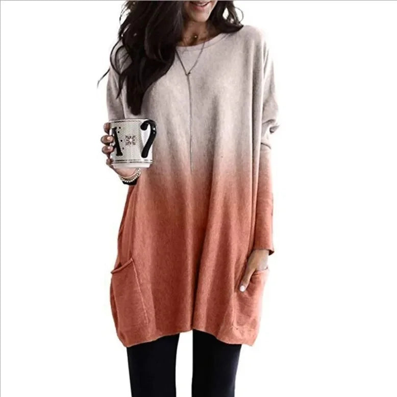Women's Casual Long Sleeve T-Shirt with Pocket Gradient Color T-Shirt for Autumn And Winter Fashionable And Comfortable