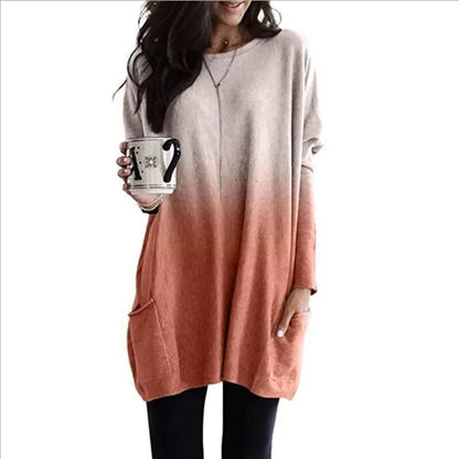 Women's Casual Long Sleeve T-Shirt with Pocket Gradient Color T-Shirt for Autumn And Winter Fashionable And Comfortable