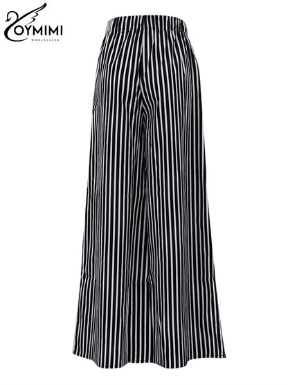 Oymimi Fashion Black Striped Print Women's Pants Elegant High Waist Loose Trousers Casual Straight Full Length Pants Streetwear