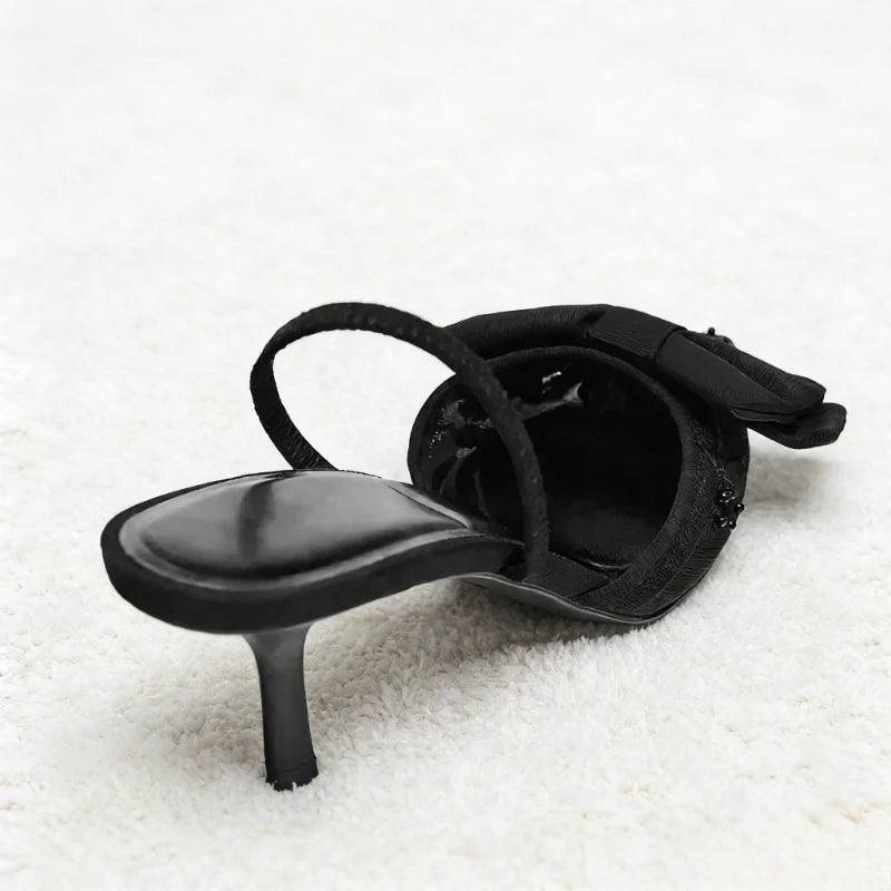 Black Mesh Beaded Decoration Heeled Sandals Women Sexy Pointed Toe Slingbacks Thin High Heels Elegant Bow Designer Women Pumps
