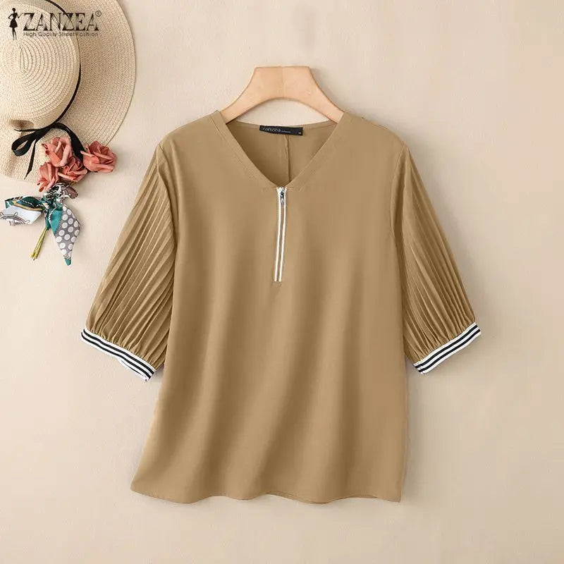 ZANZEA Women Contrast-Trum Blouse Korean Fashion V-Neck Half Zipper Pleatd 3/4 Lantern Sleeve Tops Summer Casual Blusa de Mujer