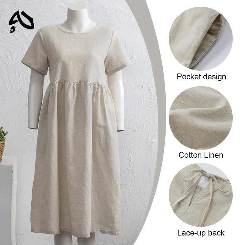 Original Women Cotton Linen Midi Dresses Summer Chic Female Vestidos Loose Soild A-Line Dress Short Puffy Sleeve Casual Sundress
