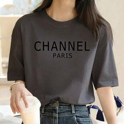 Luxury Brand Machine Washable Womens Casual Elegant Fashion CHANNEL Graphic T-shirt O-Neck Short Sleeve Top Women's Clothing