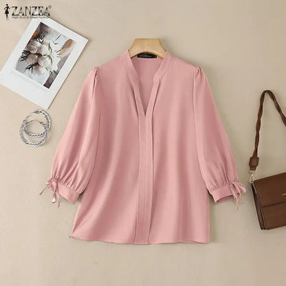 ZANZEA Summer Women's Elegant Blouses V-Neck 3/4 Puff Sleeves Lace Up Solid Color Pullover Tops Casual Loose Blusas de Mujer