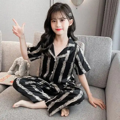 Girls Summer Ice Silk Pajamas Set Short Sleeve Princess Style Cooling Homewear for Kids