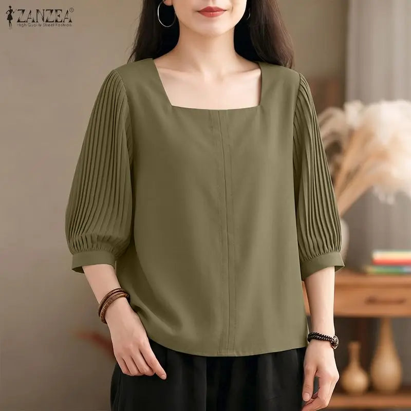 ZANZEA Women Blouses Casual Square Neck Pleated 3/4 Puff Sleeve Solid Color Tops 2026 Summer Everyday Wear Commute Blusas Mujer