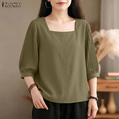 ZANZEA Women Blouses Casual Square Neck Pleated 3/4 Puff Sleeve Solid Color Tops 2026 Summer Everyday Wear Commute Blusas Mujer