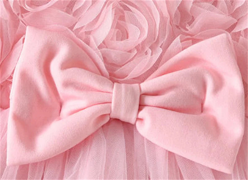 Kids Autumn 3D Flower Bow Dresses Children Princess Style Long Sleeve Mesh Puff Skirt Girls Birthday Party Performance Dress