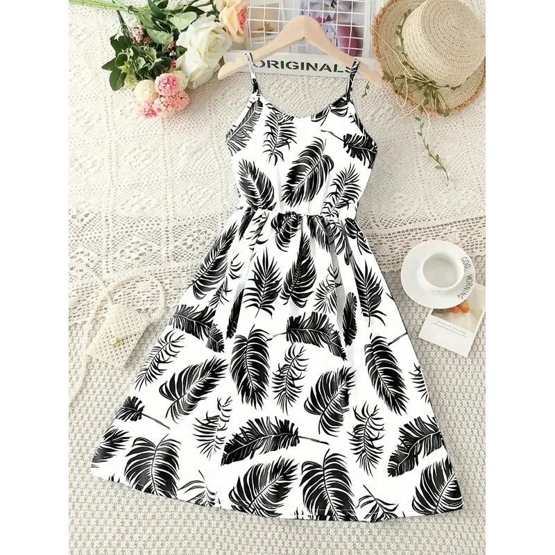Girls Summer Casual Comfortable Beach Leaf Print Sleeveless V-Neck Jumpsuit Long Skirt Skirt Jumpsuit for Kids