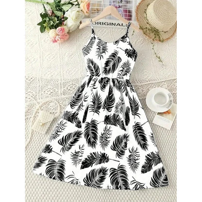Girls Summer Casual Comfortable Beach Leaf Print Sleeveless V-Neck Jumpsuit Long Skirt Skirt Jumpsuit for Kids
