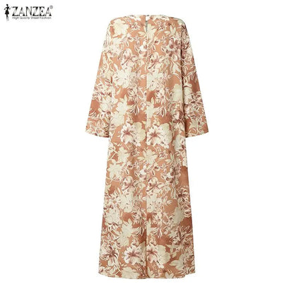 ZANZEA Modest Muslim Abaya Hijab Dress 2026 Fashion Women Long Sleeve Floral Printed Sundress Dubai Robe Femme Vestidos Ramadan