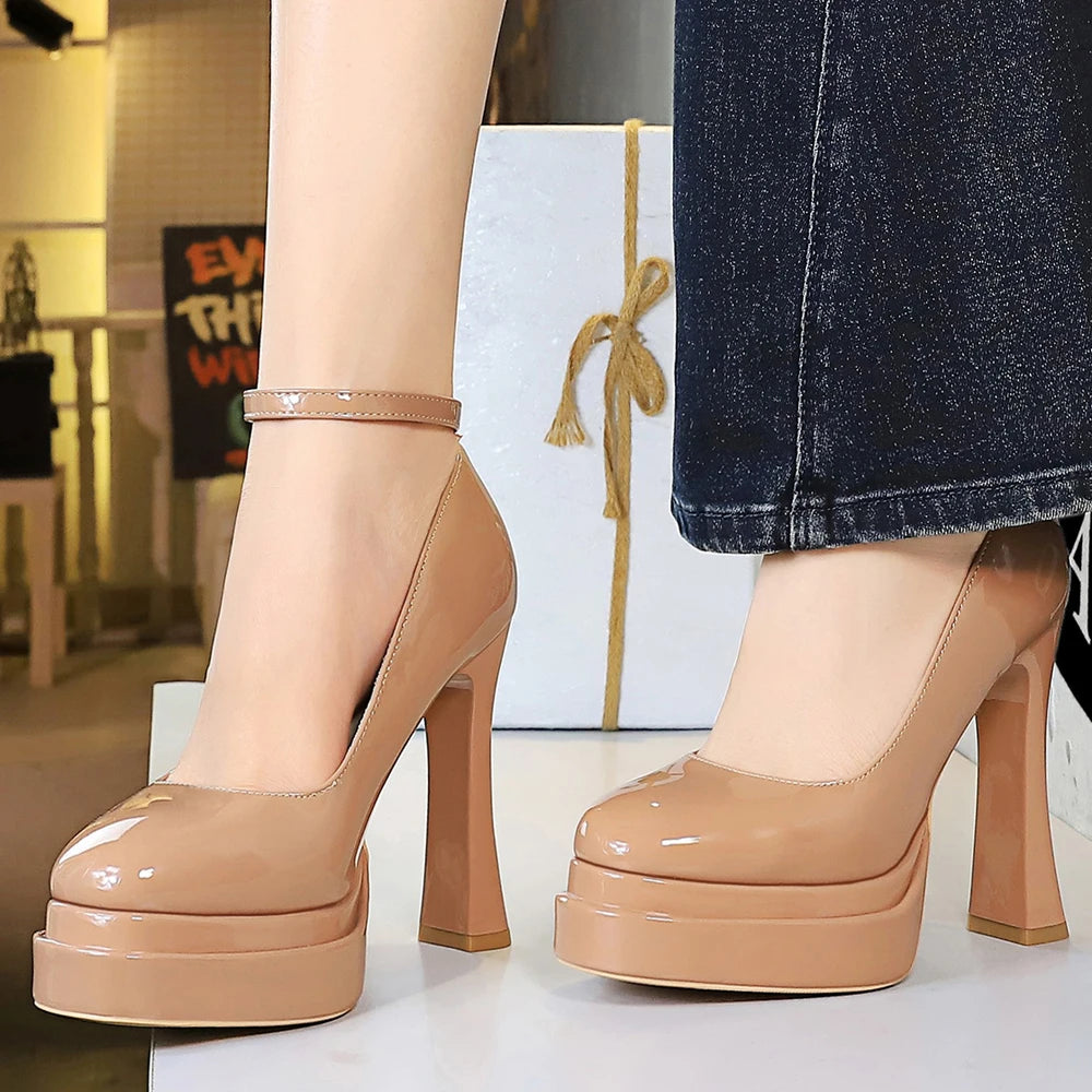 2026 New Double Layer Platform Heels Women Shoes Patent Leather Women Pumps Chunky Heel 11.5 cm Ladies Shoes Sexy Party Shoes