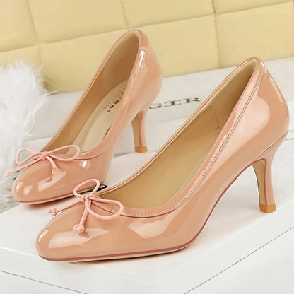 BIGTREE Shoes Round Head Women Pumps Bowknot High Heels Patent Leather Lady Office Shoes Occupation Stilettos 7 cm Heels Women
