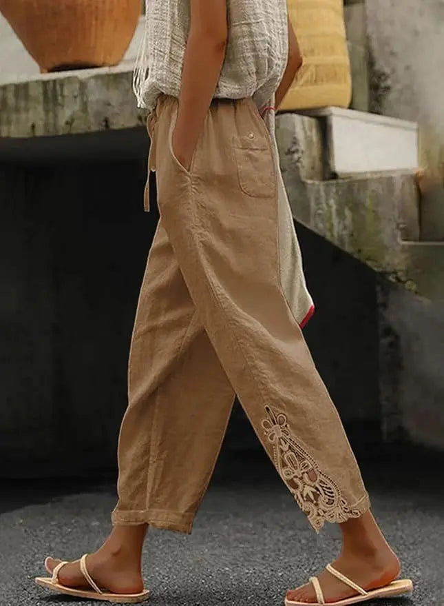 2026 Women's Pants Elastic Waist Solid Color Lace Spliced Drawstring Pocket Simple Fashion Basic Casual 9-point Pants