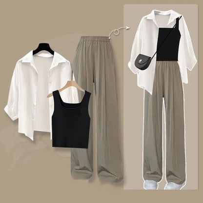 2026 Summer New Fashion Tracksuit Matching Set Women's Elegant White Sunscreen Shirt+Vest+Casual Wide Leg Pants 3-Piece Suit