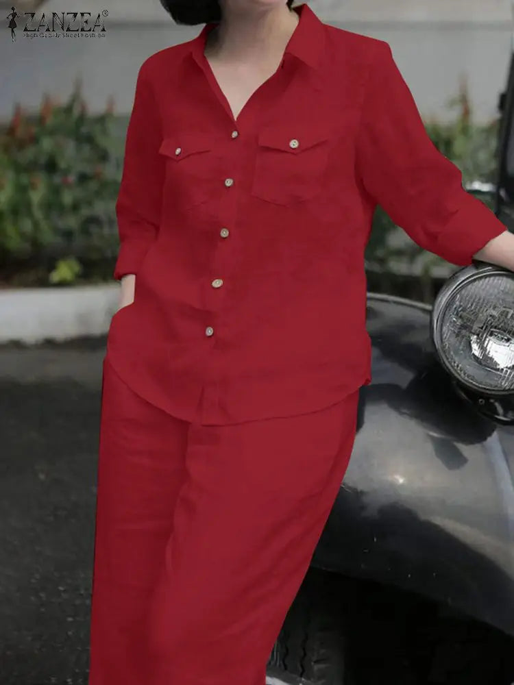 ZANZEA Women Office Outfits Autumn Solid Blouse Sets Trouser Suit Elegant Long Sleeve Shirt Pantsuits Casual Solid Matching Sets