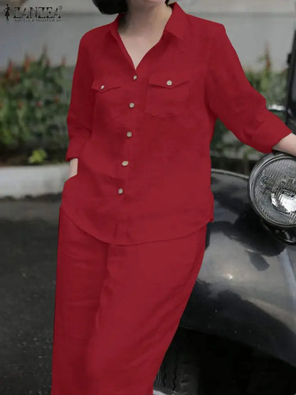 ZANZEA Women Office Outfits Autumn Solid Blouse Sets Trouser Suit Elegant Long Sleeve Shirt Pantsuits Casual Solid Matching Sets