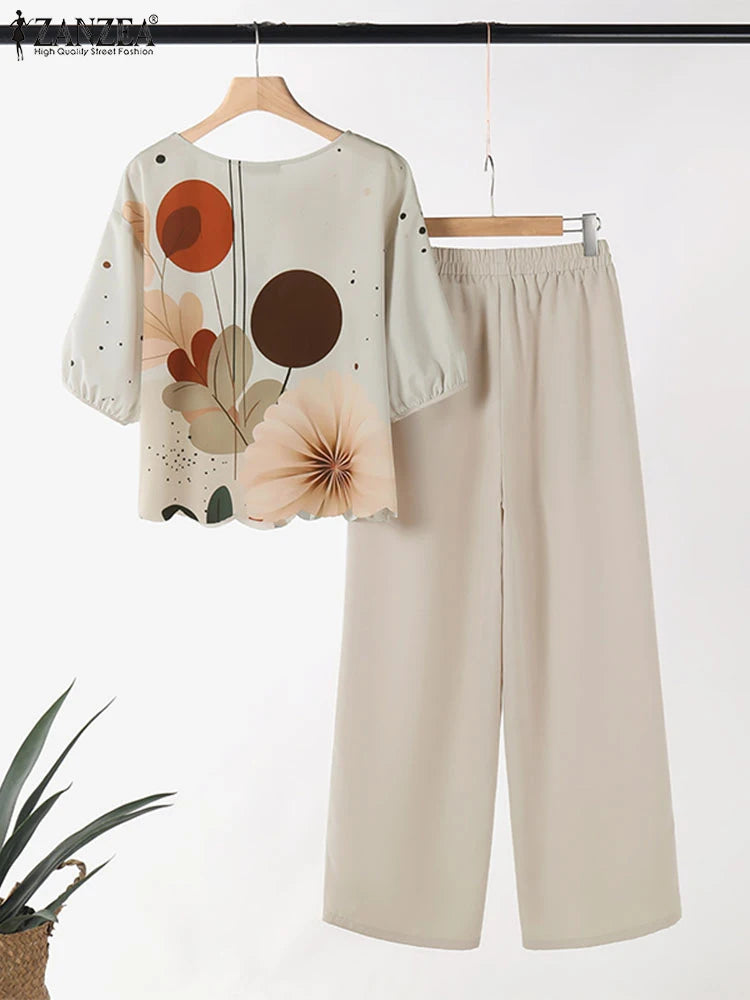 2026 ZANZEA Women Summer Pant Sets Half Sleeve Floral Print Blouse Casual Trouser Suit 2pcs Elegant Work Tracksuits 2-Piece Sets