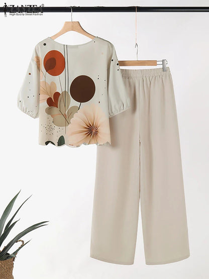 2026 ZANZEA Women Summer Pant Sets Half Sleeve Floral Print Blouse Casual Trouser Suit 2pcs Elegant Work Tracksuits 2-Piece Sets