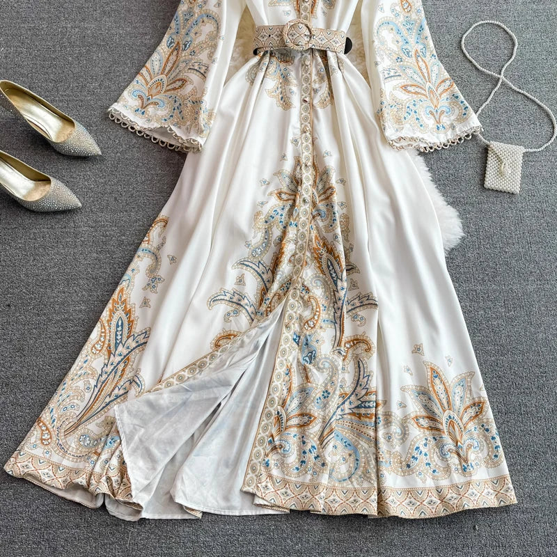 Spring Autumn Women's Dress Vintage Long Sleeve Print Floral High Waist Boho Party Maxi Vestidos Elegant Luxury Long Dresses