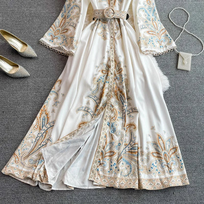 Spring Autumn Women's Dress Vintage Long Sleeve Print Floral High Waist Boho Party Maxi Vestidos Elegant Luxury Long Dresses