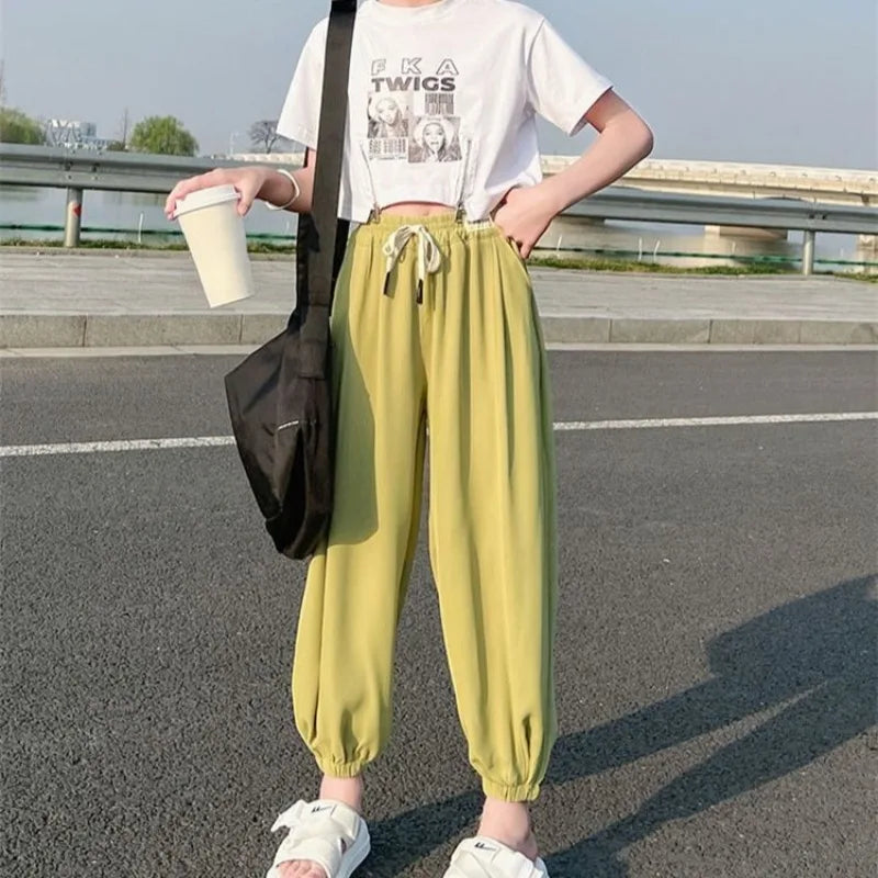 Girls' Mosquito Repellent Summer Tapered Pants Viscose Lightweight Loose Fitting Harem Pants with Elastic Cuffs for Activities