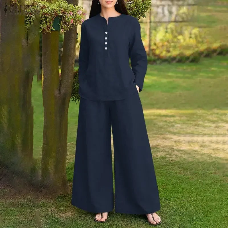 2026 ZANZEA Spring 2 Piece Sets Fashion Women Long Sleeve Tops Pants Sets Casual Solid Outfits Work Tracksuit Wide Leg Trousers