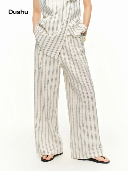 DUSHU 2026 Summer Women Striped Linen Cotton Straight Leg Elastic High Waist Breathable Casual Trousers Boho Beach Coastal Style