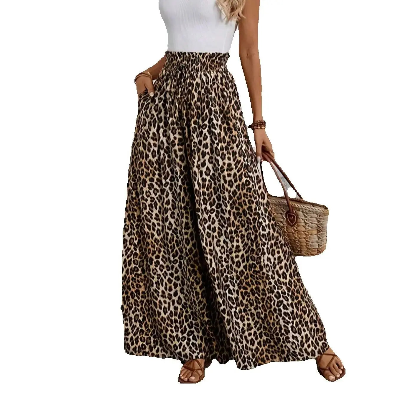 Casual fashion women's clothing for all seasons, leopard print, comfortable high waist, elastic waist, wide leg pants