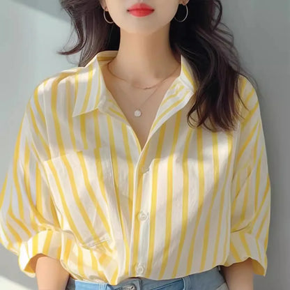 Yellow and white vertical striped shirt women spring and autumn new shirt European casual explosive long-sleeved shirt