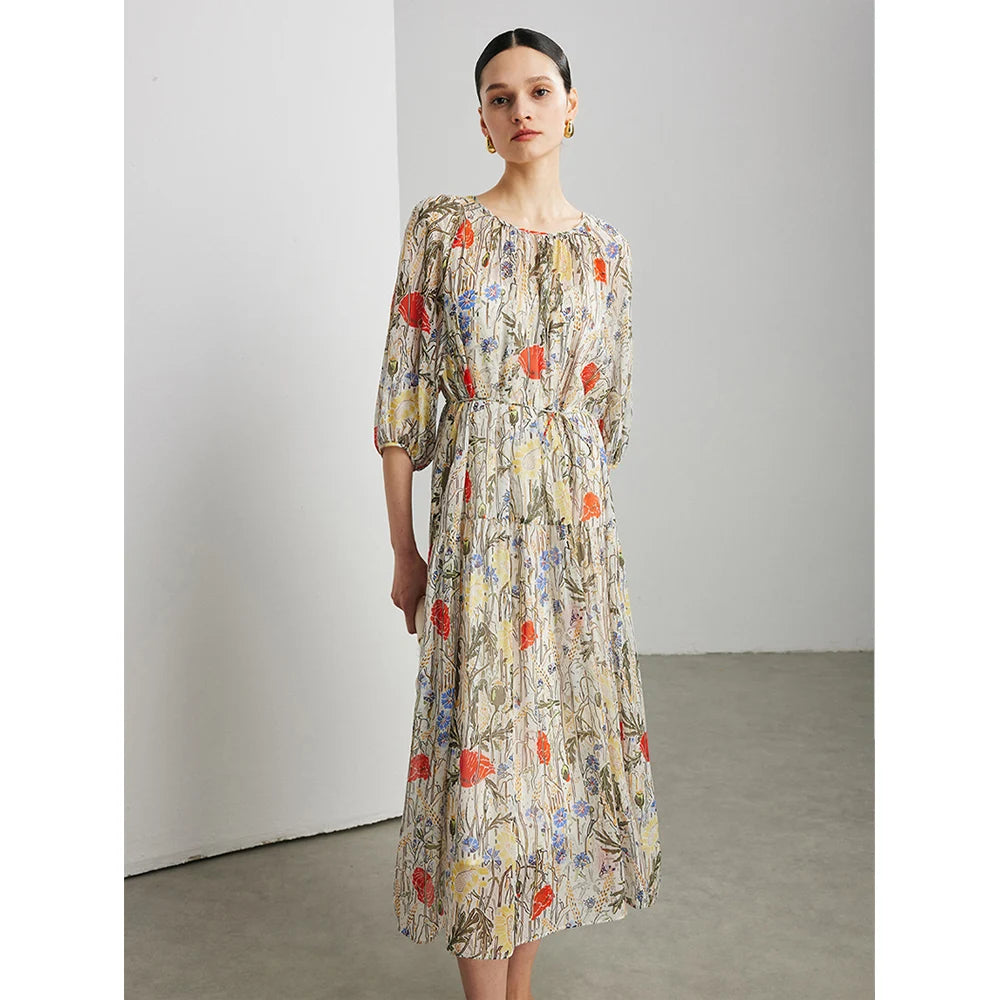 SuyaDream, Women's 100% Mulberry Silk Georgette Two-Piece Set Dress 2026 Summer New Floral Printed, Sheer Long Dress， Beige