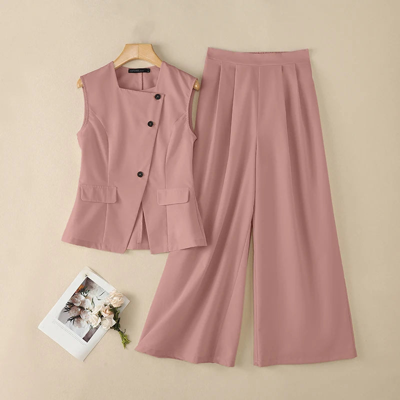Fashion Women 2 Pieces Sets ZANZEA Summer Sleeveless Buttons -Up Tanks Tops Pants Sets Elegant Solid OL Work Tracksuit Outfits