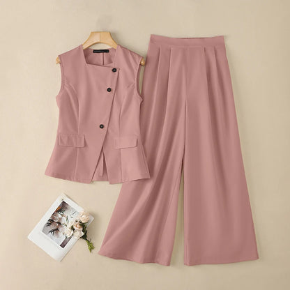 Fashion Women 2 Pieces Sets ZANZEA Summer Sleeveless Buttons -Up Tanks Tops Pants Sets Elegant Solid OL Work Tracksuit Outfits