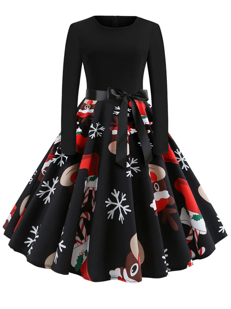 Music Note Print Elegant Party Dress Women Retro Vintage Casual Spring Autumn Midi Dresses