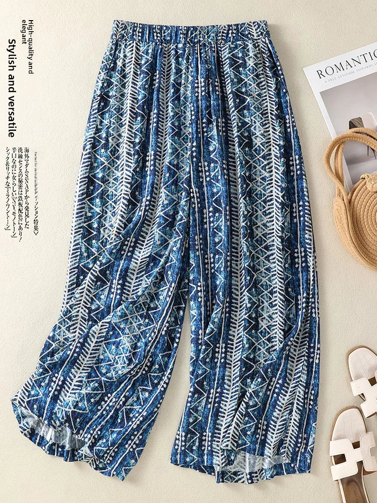 High Waist Cotton Linen Casual Pants Nine Points Summer Stripes Loose Wide Leg Trousers for plus Size Women Casual Loose Fit