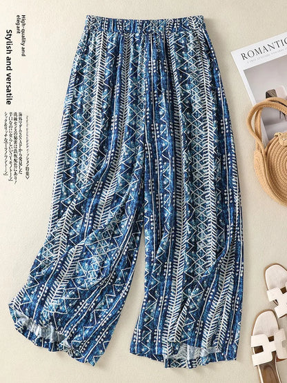 High Waist Cotton Linen Casual Pants Nine Points Summer Stripes Loose Wide Leg Trousers for plus Size Women Casual Loose Fit