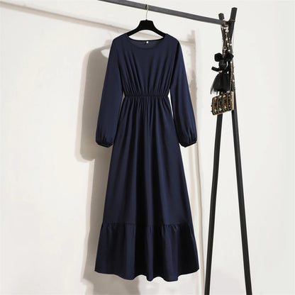 Women Long Dress Spring Autumn Mujer Vestidos Solid Full Sleeve O-neck Casual Chiffon Dresses Muslim Solid Loose Maxi Dresses