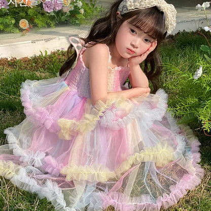 Girl's Rainbow Sling Princess Dress Western Style New Summer Baby GirltutuBirthday Cake Tulle Tutu Dress