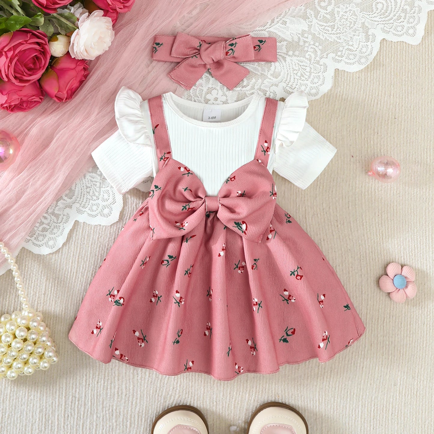 2PCS Infant Baby Girl Pink Cherry Print Ruffle Short Sleeve  Dress + Headbandr for 0-2Y Toddler Sweet Summer Princess Dress