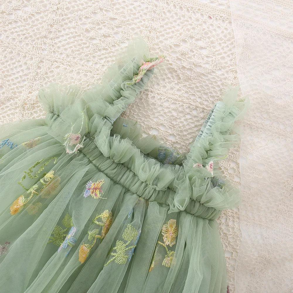 Summer New Girls Dress Halter Mesh Pleated Flower Embroidery Sweet Princess Dress Birthday Party Dress (0-3 Years Old Girls)