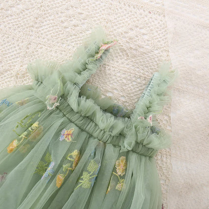 Summer New Girls Dress Halter Mesh Pleated Flower Embroidery Sweet Princess Dress Birthday Party Dress (0-3 Years Old Girls)