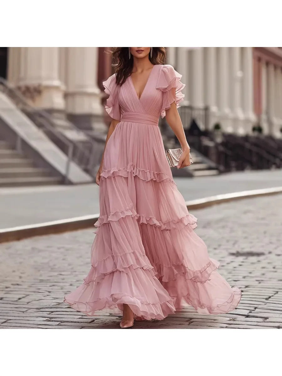 Women's Ruffled Tiered Maxi Dress V-Neck Short Flutter Sleeve Flowy Chiffon Gown Elegant Chic Boho Sexy Wrap Waist Summer Dress