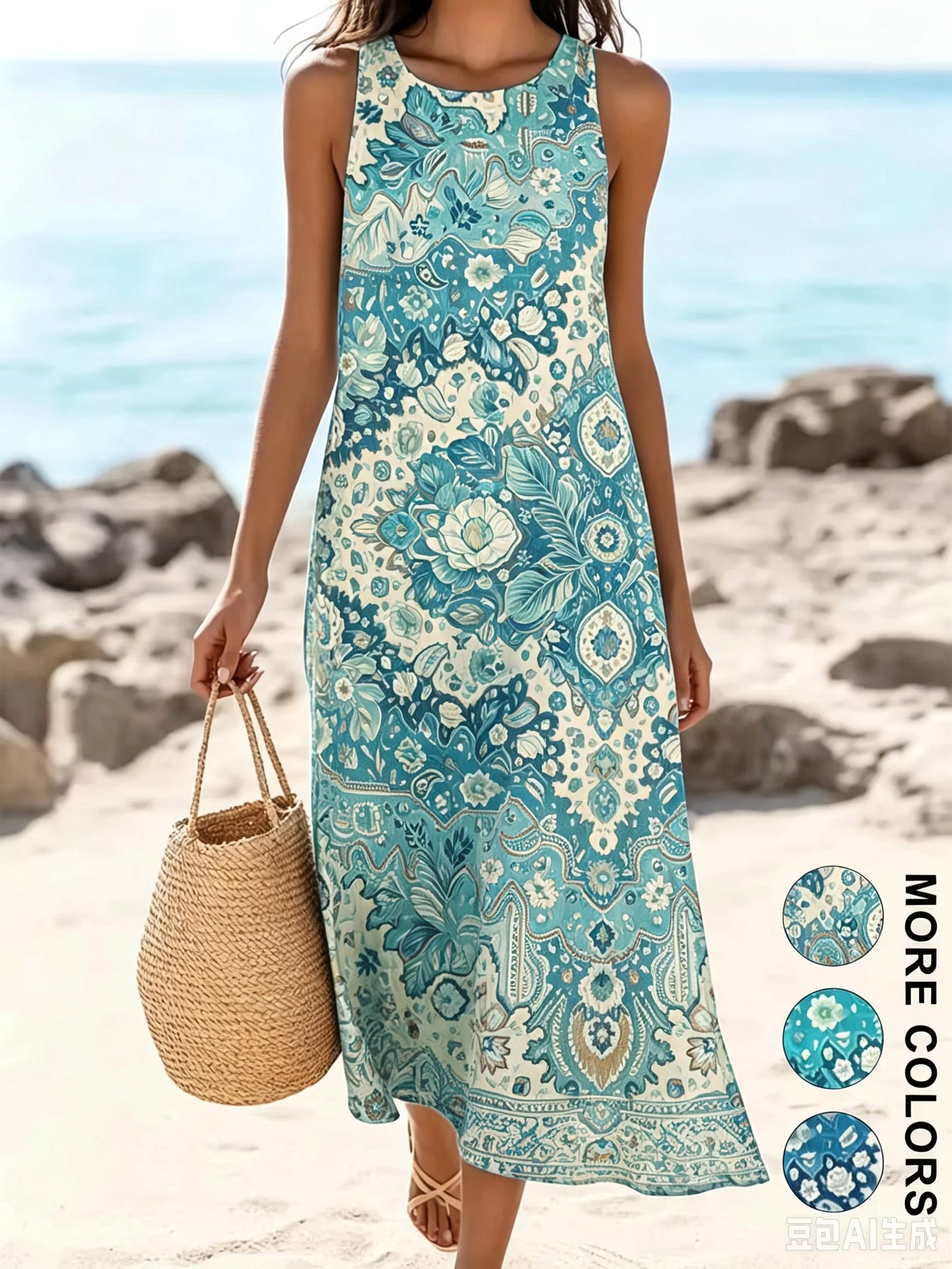 2026 Women's Sleeveless Bohemian Floral Casual Beach MIDI Sundress With Pockets Flowing and Loose Sweetheart Rustic Country