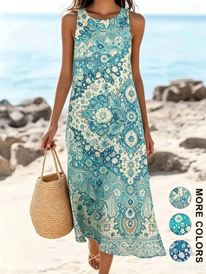 2026 Women's Sleeveless Bohemian Floral Casual Beach MIDI Sundress With Pockets Flowing and Loose Sweetheart Rustic Country