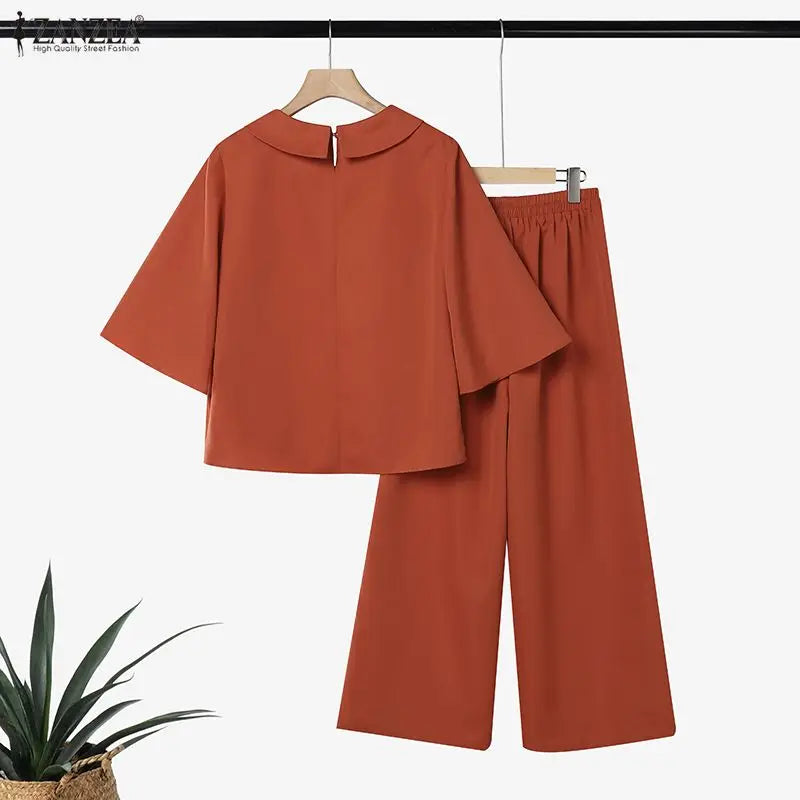ZANZEA Women Casual Loose Pant Suits Wide Leg Pant & 3/4 Sleeve Blouse 2 Pieces Sets Summer Daily Solid Color Pant Sets Outfits