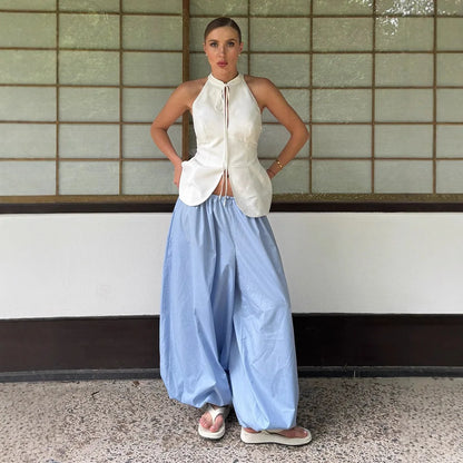 2026 Autumn Womens 100% Cotton Loose Lantern Style Wide Leg Pants Street Style Casual Lazy Pants Fashion Trousers Black