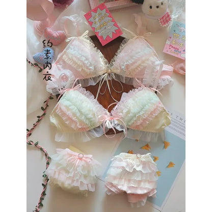 Lolita Princess Pure Desire Bra Set Women Japanese Cake Layer Lace Mesh Cotton Crotch New Party Lingerie Push Up Comfort Soft