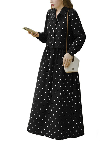 ZANZEA Autumn Outfits Stylish Polka Dots Women 2 Piece Sets Long Sleeve Blouse Dress Sets Casual Work Tracksuit Skirt Suit 2025